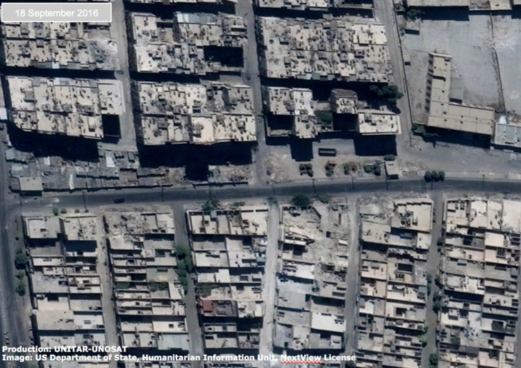 This satellite image released by the United Nations shows the Sha'ar district of Aleppo, Syria, on Sept. 18. (Digital Globe, US Department of State, Humanitarian Information Unit, UNITAR-UNOSAT via AP)
