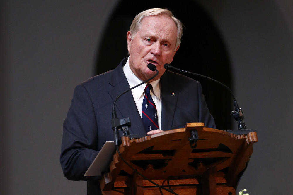 Jack Nicklaus speaks during a memorial service for Arnold Palmer in the Basilica at St. Vincent's College in Latrobe, Pa., on Tuesday.