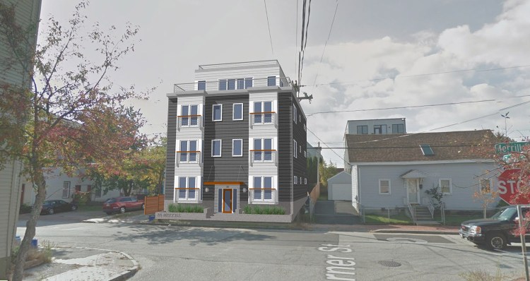 A rendering of the seven-unit condo building planned at 30 Merrill St., on Portland's Munjoy Hill.
Courtesy Bild Architecture