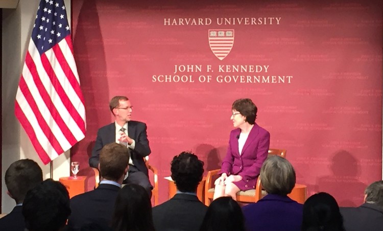 At Thursday's forum with Douglas Elmendorf, dean of Harvard's John F. Kennedy School of Government, Maine's Sen. Susan Collins said today's Congress reflects a polarized country.