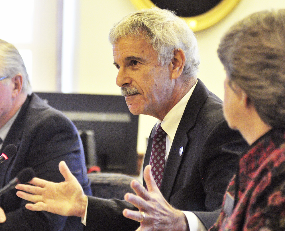 Sen. Roger Katz, R-Augusta, questions why Sen. John Patrick, D-Rumford, isn't present during a Senate Conduct and Ethics Committee hearing Thursday morning that was convened to review allegations lodged by Patrick and Sen. Justin Alfond, D-Portland, against two Senate Republicans. <em>Kennebec Journal/Joe Phelan</em>