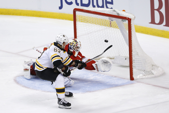 Panthers defenseman Michael Matheson takes a shot on Bruins goalie Tuukka Rask in the first period of Tuesday night's game in Sunrise, Fla. Rask held Florida to a single goal and got the win.