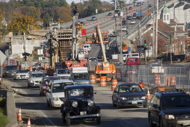 Traffic heads south on Route 1 in Bath, where demolition of the city's viaduct was done in November. Construction of the new roadway is ahead of schedule. Brianna Soukup/Staff Photographer