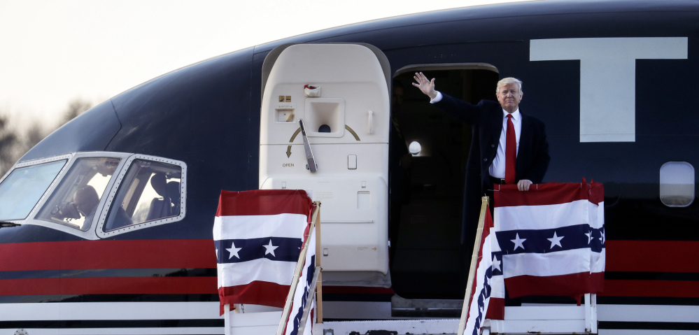 Republican presidential candidate Donald Trump waves to the crowd following a campaign rally, Friday, Nov. 4, 2016, in Wilmington, Ohio. (AP Photo/John Minchillo)