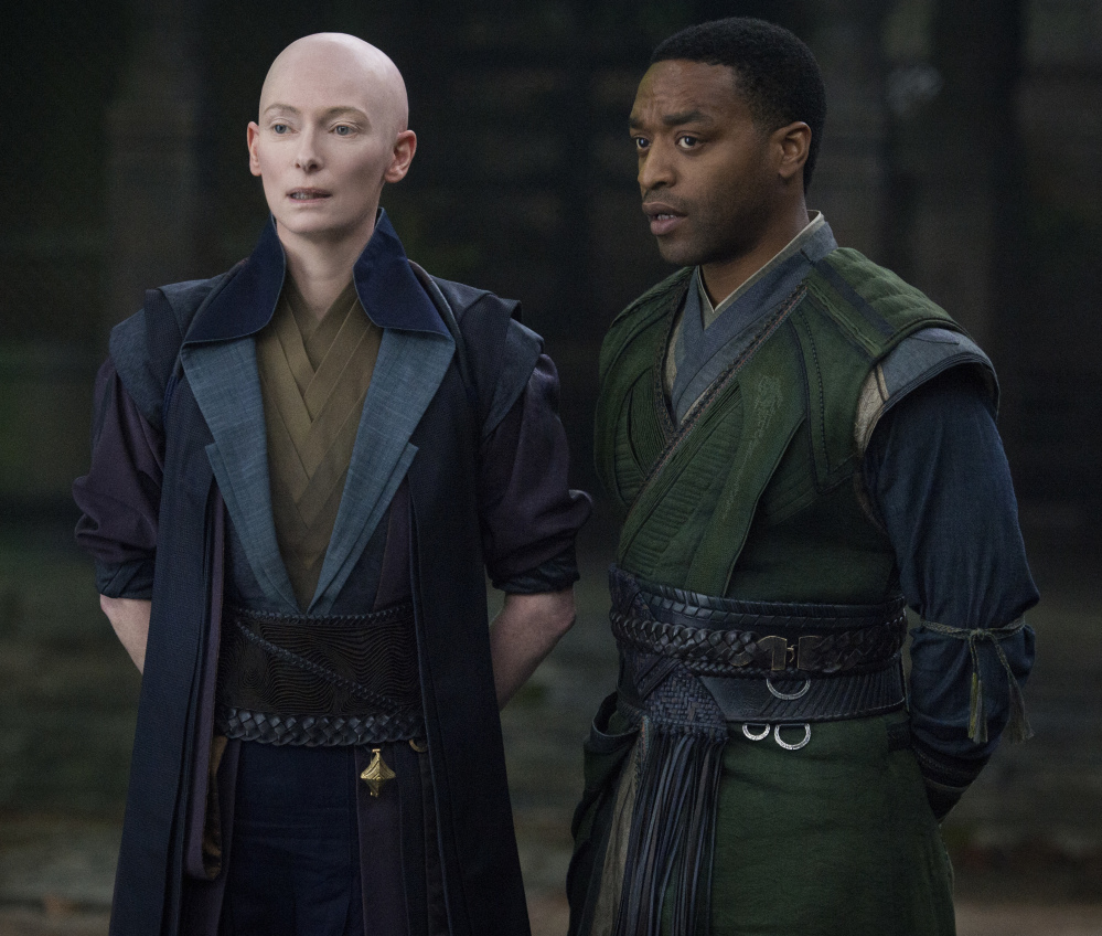 Tilda Swinton and Chiwetel Ejiofor appear in a scene from Marvel's new movie, "Doctor Strange."