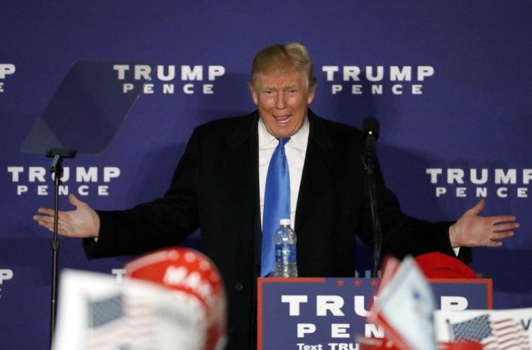 Republican presidential candidate Donald Trump speaks at a rally Monday in Leesburg, Va. 