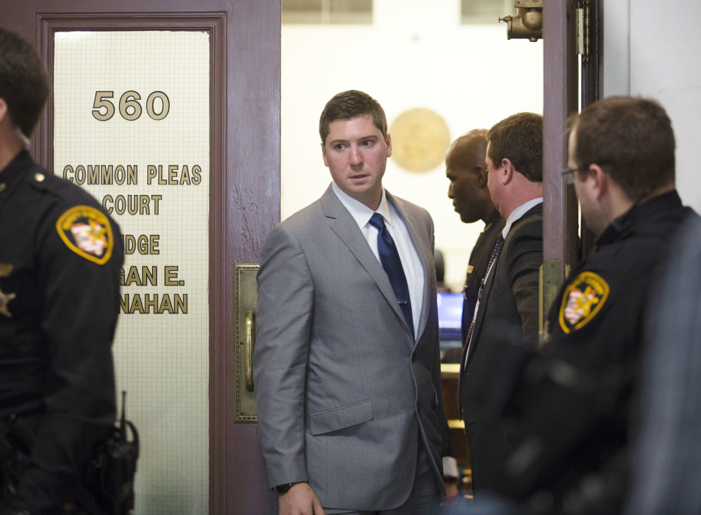 Ray Tensing arrives for closing arguments in Cincinnati on Wednesday. The now-fired University of Cincinnati police officer is charged with murder in the death of  Sam DuBose.