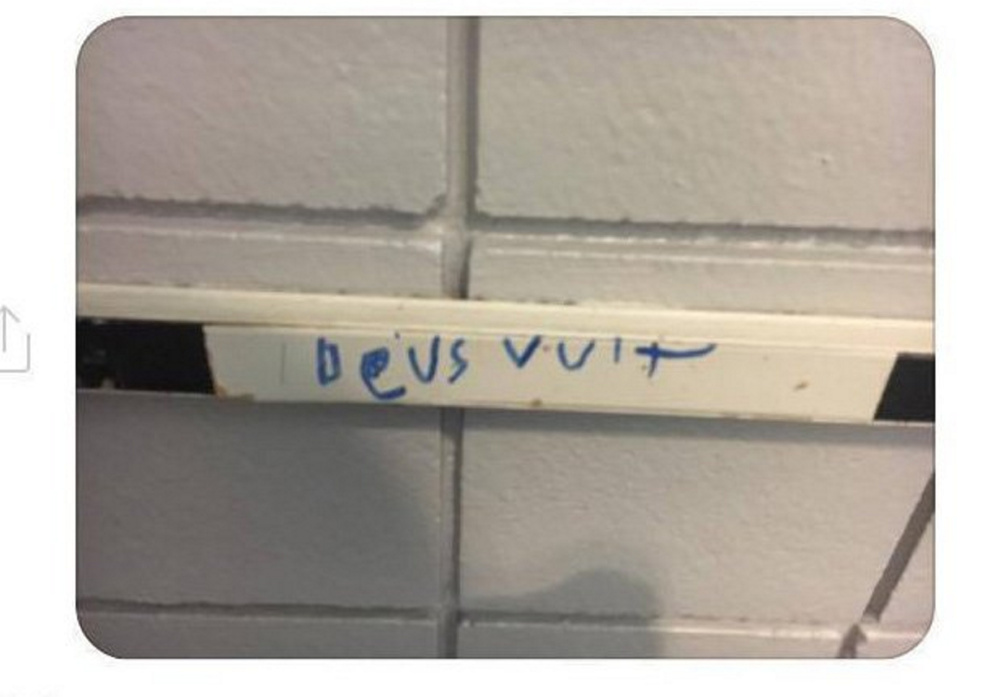An image posted on the Portland Racial Justice Congress Facebook page depicts the graffiti written in the USM student government offices. "Deus Vult" has been adopted by far-right political activists as an insult to Muslims – and a reference to killing followers of Islam.