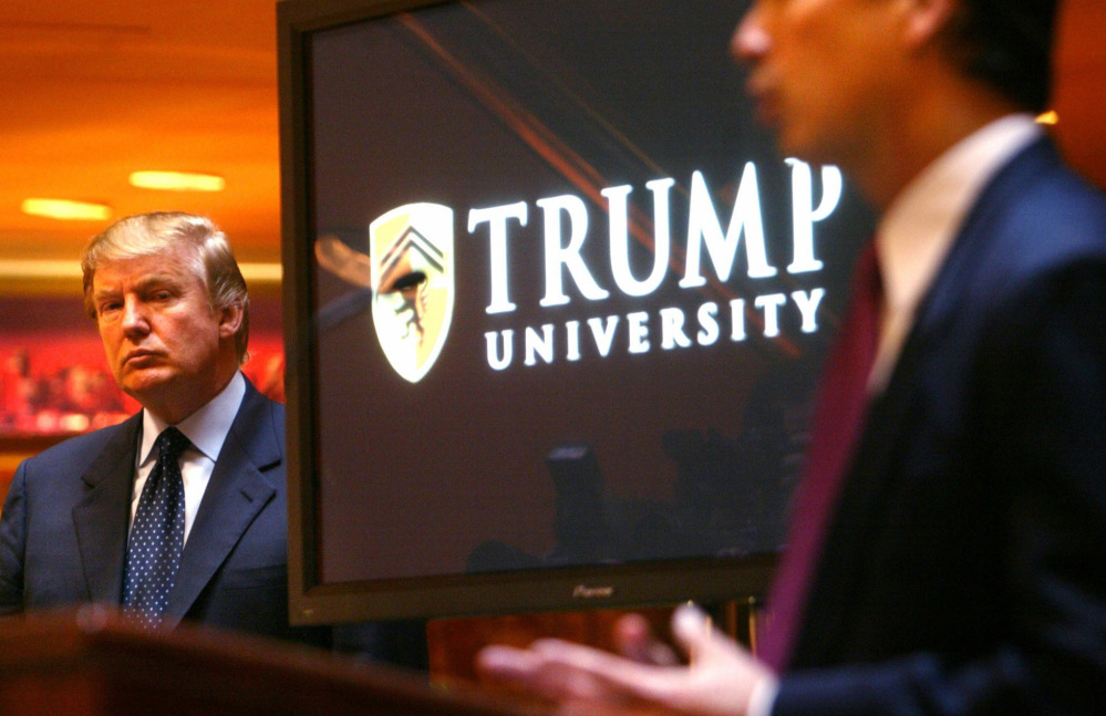 Donald Trump is introduced in May 2005 as the establishment of Trump University is announced in New York. Trump faces two class-action fraud suits from Trump University students.