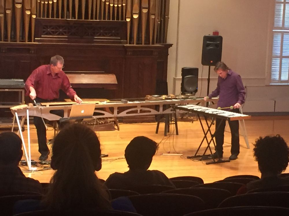 Paul Dresher, left, and Joel Davel play at Corthell Concert Hall in a showcase of musical improvisation and movement.