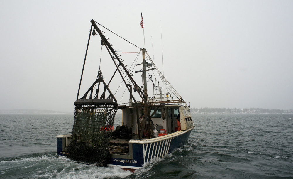The scallop dragger Jacob and Joshua sails in Casco Bay. The federal government plans to allow fishermen to catch more scallops next year as demand for the shellfish has grown.