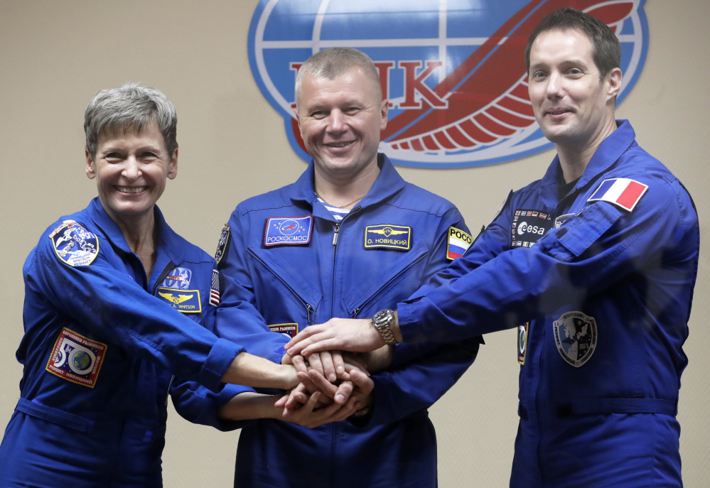 U.S. astronaut Peggy Whitson, Russian cosmonaut Oleg Novitsky and French astronaut Thomas Pesquet are the members of the crew to the International Space Station.