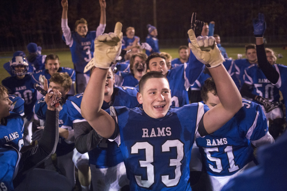 Kennebunk linebacker Donte DeLorenzo celebrates a 42-21 victory over Biddeford last Friday in the Class B South finals. DeLorenzo is one of four sophomores who start for Kennebunk, which faces Brunswick Friday night in Orono for the Class B state championship. Brianna Soukup/Staff Photographer