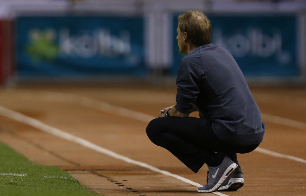 United States Coach Jurgen Klinsmann watches Tuesday night during a 4-0 loss at Costa Rica in World Cup qualifying. The U.S. also lost last week to Mexico and may face an uphill path to reach the 2018 World Cup in Russia.