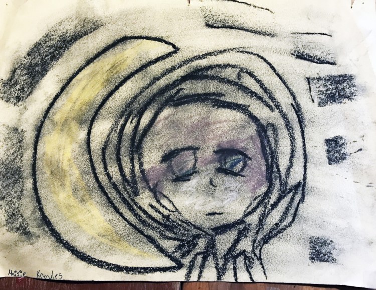 Self-portrait around age 10 by Maisie Knowles after his mental health problems began to take hold.