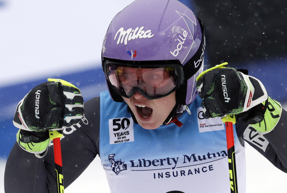 Tessa Worley of France reacts after winning the women's FIS Alpine Skiing World Cup giant slalom race, Saturday in Killington, Vermont. (Associated Press/Mike Groll)