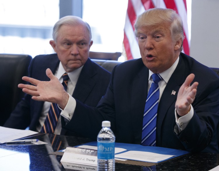 A Justice Department led by Sen. Jeff Sessions, left, might choose to direct law enforcement to crack down on pot businesses in states where it's legal.