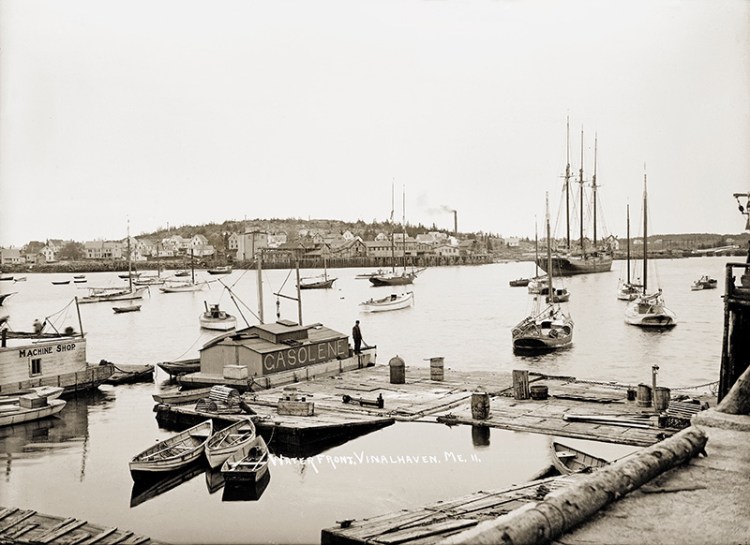 A vintage-postcard view of the waterfront in Vinalhaven