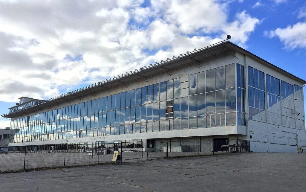 Clouds are reflected in the grandstand windows at Scarborough Downs last year. Town officials are proposing the racetrack site as a contender for Amazon’s new facility, which would eventually employ as many as 50,000 people