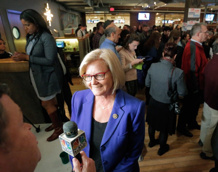 U.S. Rep. Chellie Pingree talks with WCSH reporter Chris Rose after arriving Tuesday night at Bayside Bowl in Portland, the gathering spot for Hillary Clinton and Pingree supporters. Pingree was on her way to re-election with a comfortable win over Republican Mark Holbrook.
Gregory Rec/Staff Photographer