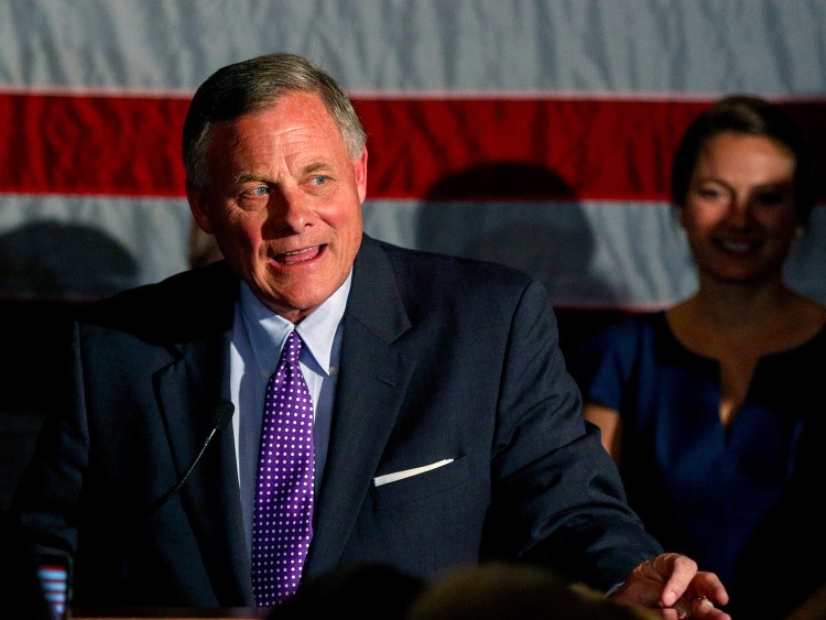 Sen. Richard Burr, R-N.C., talks to supporters as he gives his acceptance speech in Winston-Salem, N.C., after winning re-election Tuesday, holding a key seat for Republicans. Democrats had high hopes of unseating Burr.