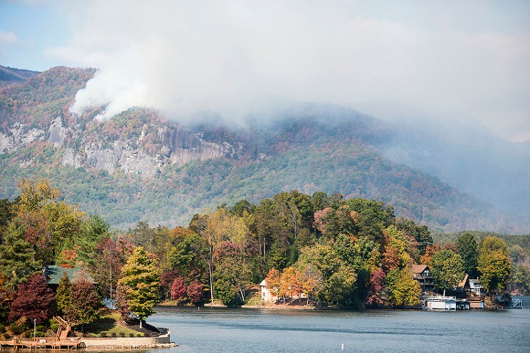 Smoke from the Party Rock fire near Lake Lure in North Carolina.