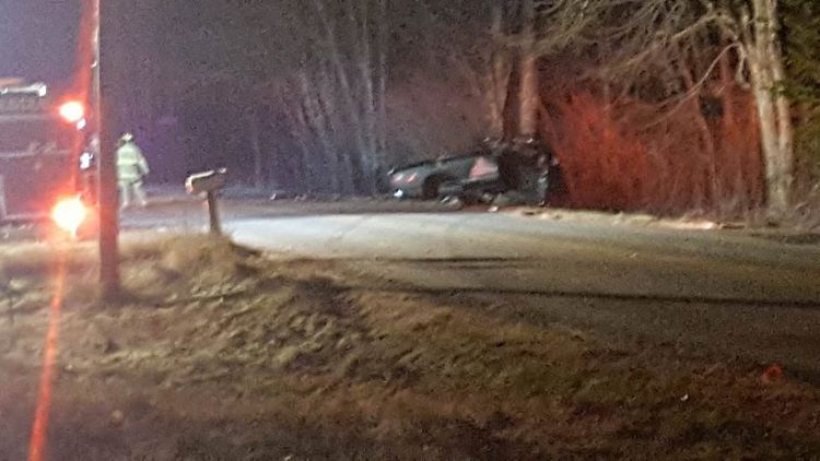 Police say Nicholas Oram missed a turn and crashed into several trees. He wasn't wearing a seat belt. <em>Photo from Nicole Braley via WCSH</em>