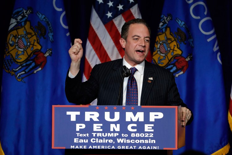 Reince Priebus speaks at a Donald Trump rally in Wisconsin in November 2016.