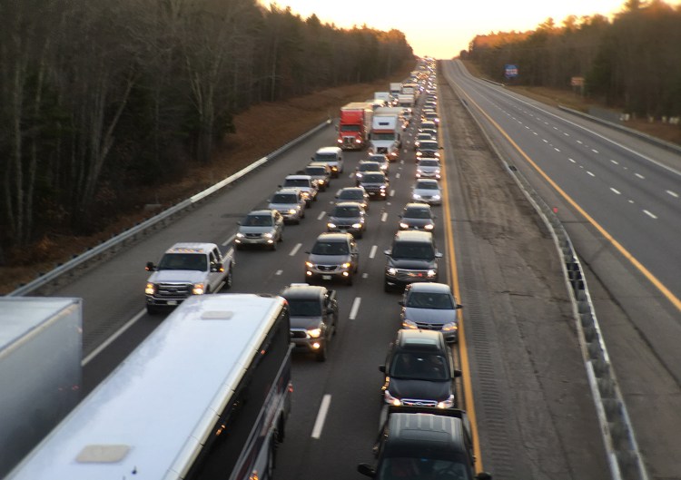 Maine Turnpike traffic backs up in the southbound lane near Kennebunk after two separate crashes on Nov. 18. 2016.