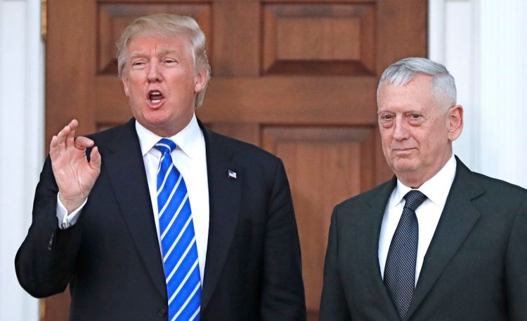 President-elect Donald Trump talks to the media alongside retired Marine Corps Gen. James Mattis at Trump National Golf Club Bedminster in New Jersey in November. Mattis as defense secretary has an interest in having secretaries who are loyal to him and don't have independent relationships with the White House.<em>Associated Press/Carolyn Kaster</em>