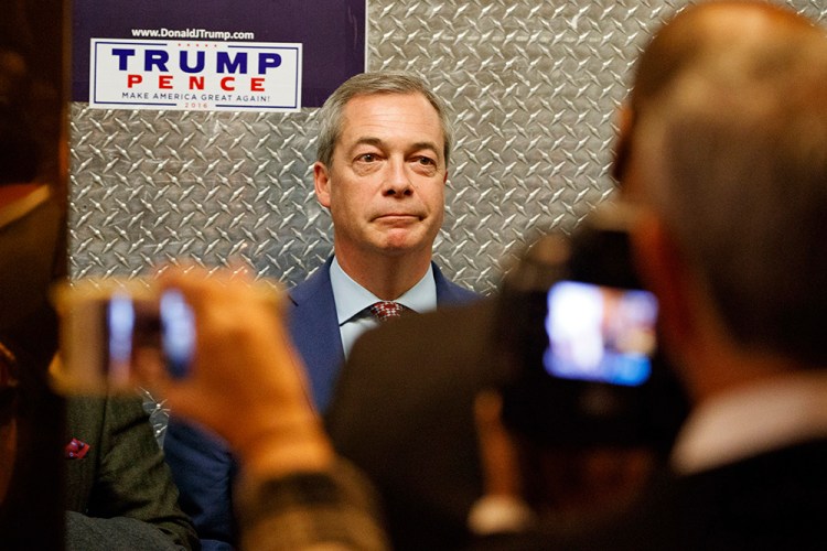U.K. Independence Party leader Nigel Farage gets on an elevator at Trump Tower in New York on Nov. 12. Farage has told friends that he is preparing to emigrate to the United States – possibly Maine.
