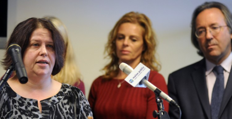 Wendy Brennan, left, of Mount Vernon discusses arsenic in her well water Thursday during a news conference about a bill dealing with arsenic levels. At right are Rep. Drew Gattine, D-Westbrook, and Sen. Amy Volk, R-Scarborough.