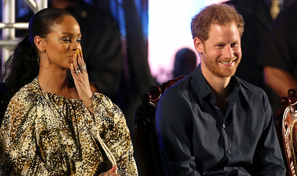 Britain's Prince Harry and singer Rihanna attend celebrations at the Kensington Oval cricket ground in Bridgetown, Barbados.