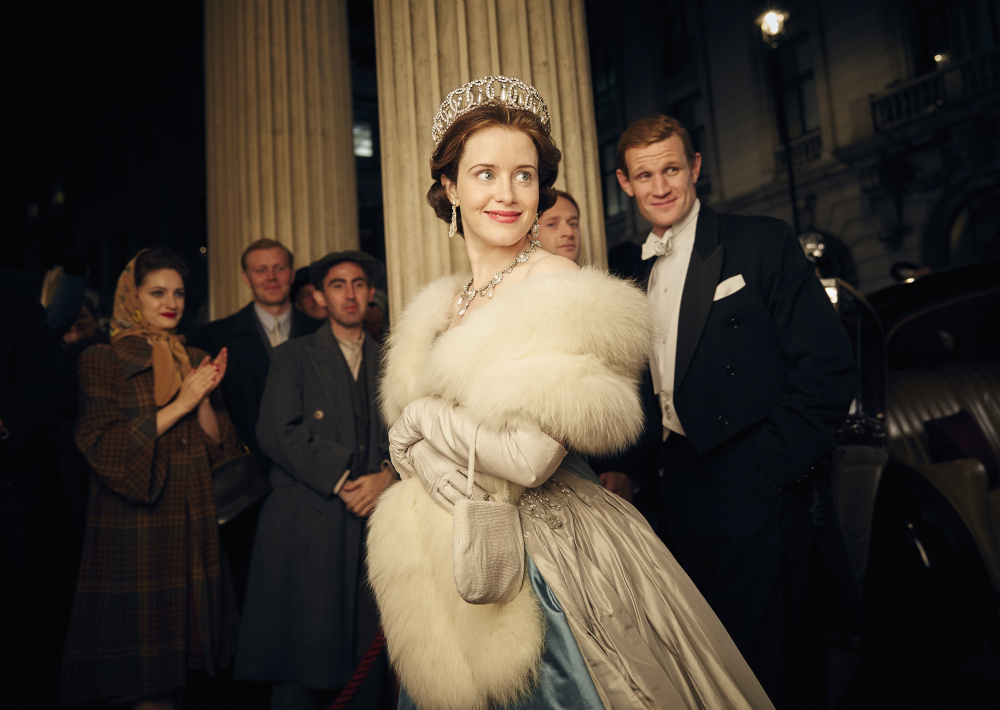 Claire Foy as Queen Elizabeth II and Matt Smith as Philip Mountbatten, Duke of Edinburgh, in "The Crown." Below, John Lithgow as Winston Churchill.