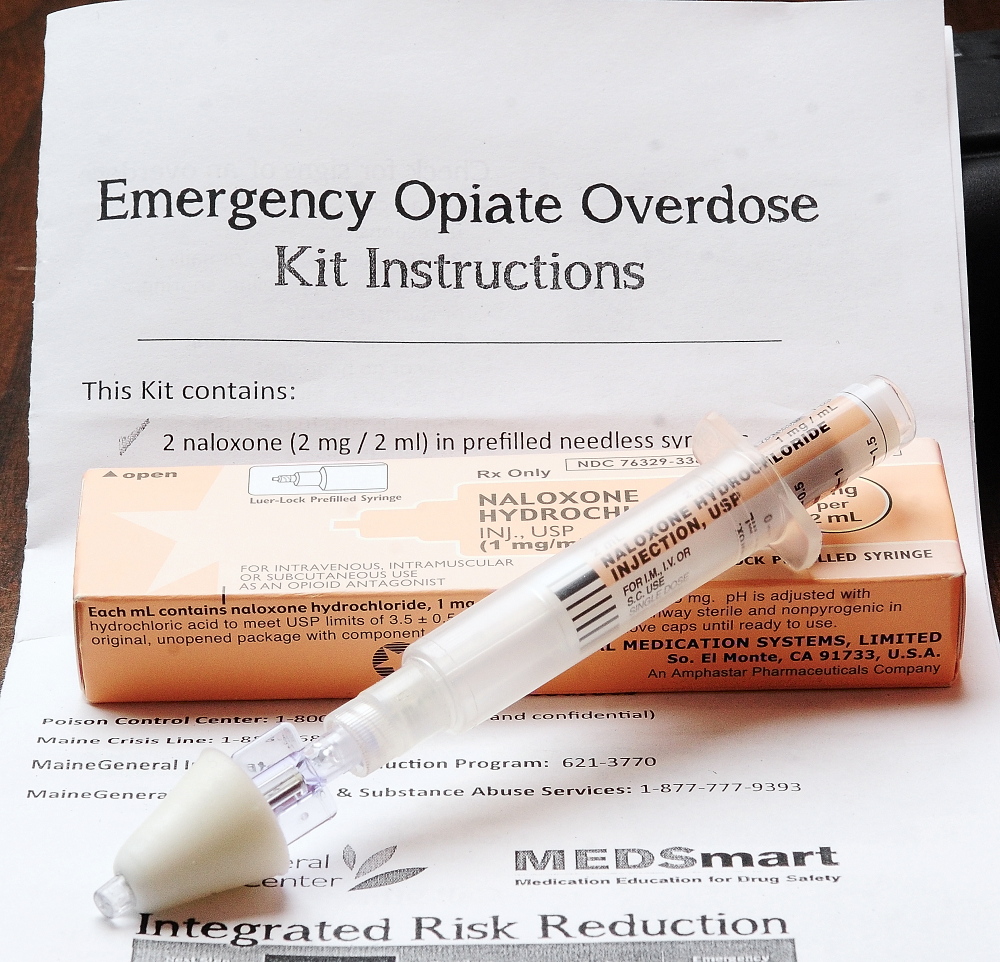An emergency opiate overdose kit. The cone-shaped adapter is placed in the victim's nose to turn the liquid naloxone into a spray that helps the person start breathing again.