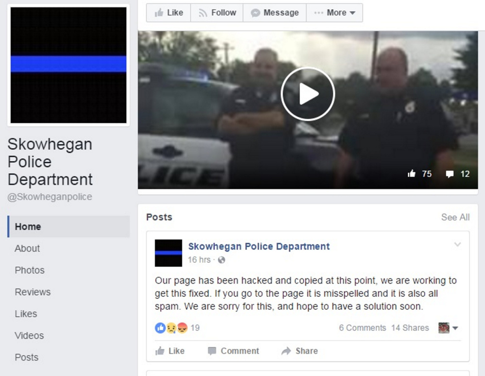 A screen shot of the Skowhegan Police Department's Facebook page, which reported being hacked after linking to a fake news story about a triple murder in town.