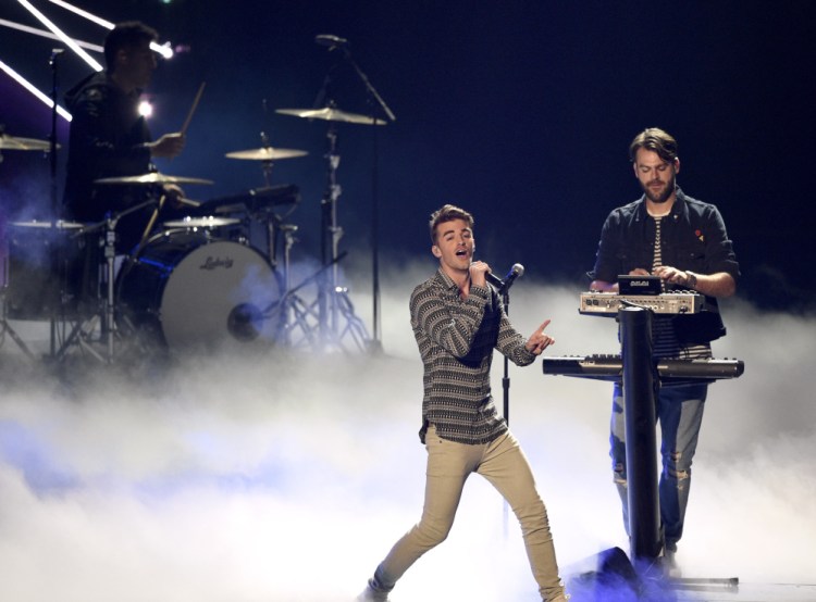 Drew Taggart, left, and Alex Pall of The Chainsmokers perform at the MTV Video Music Awards in August.