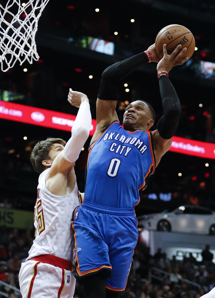 Oklahoma City's Russell Westbrook had his sixth straight triple-double in Monday night's win at Atlanta, giving him 11 this season.