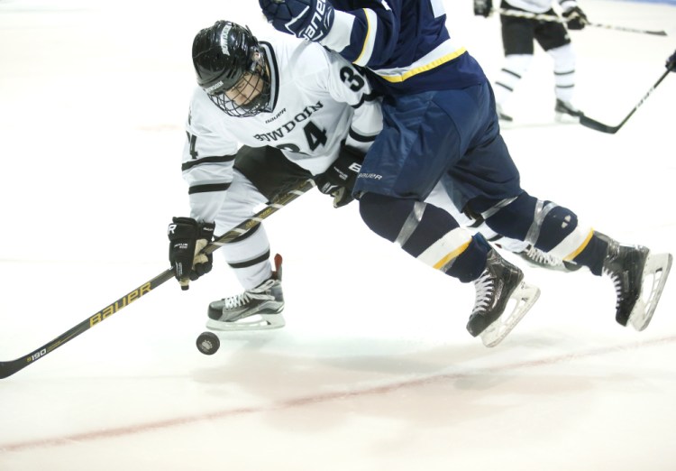 Bowdoin's Ronnie Lestan tries to handle the puck as he takes a check during the Polar Bears' 3-0 victory over the University of Southern Maine on Tuesday in Brunswick.
