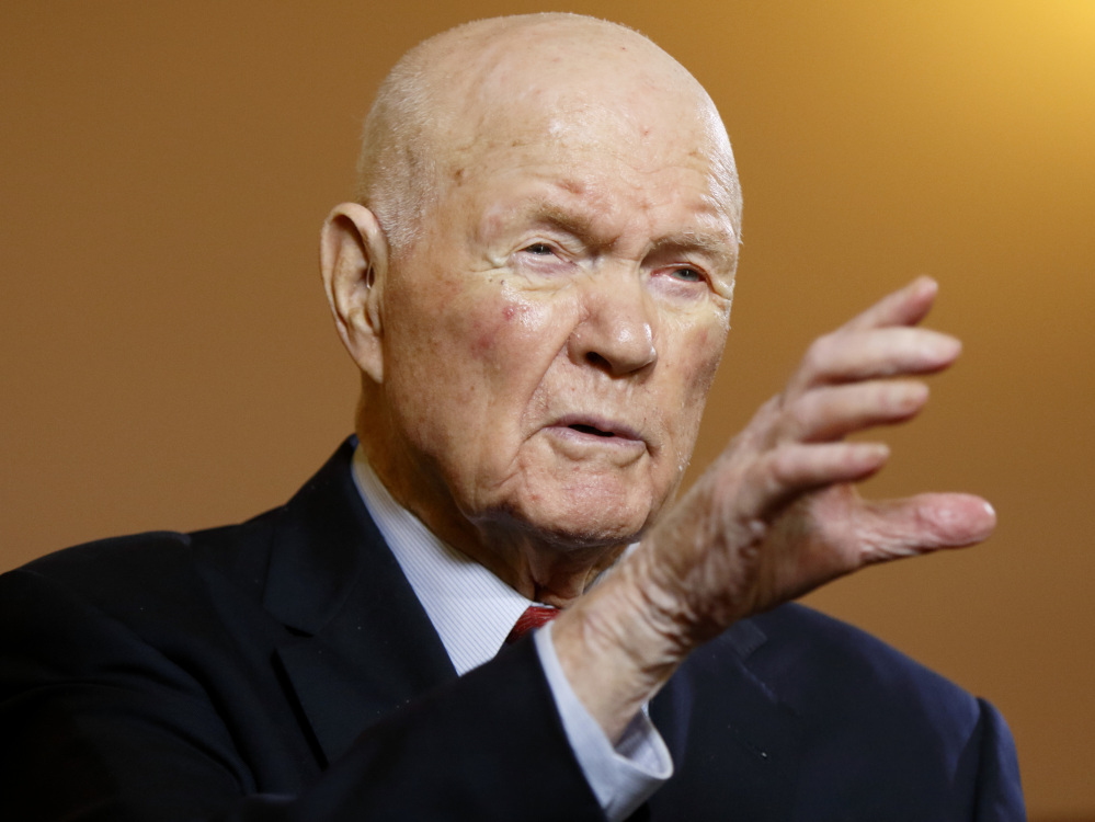 John Glenn speaks in an interview with The Associated Press in Columbus, Ohio, on May 14, 2015. On Wednesday, an Ohio State University official said Glenn has been hospitalized for more than a week.