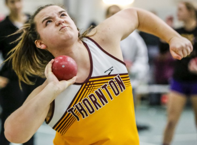 Samantha Curran of Thornton Academy will be seeking a third straight Class A championship in the shot put.