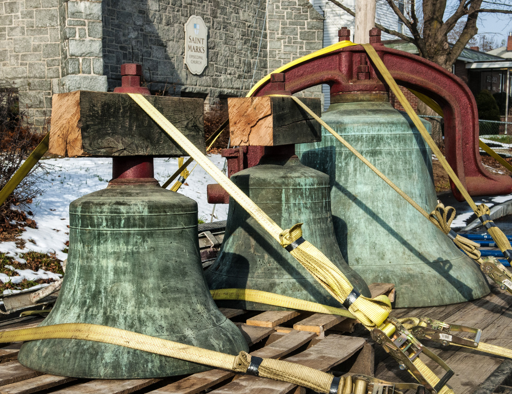 Three of the bells removed from St. Mark's Episcopal Church sit on a trailer Thursday, headed for a New York. Twelve bells were given to the church in memory of Ellen Kling in 1925; 11 will be sold, and the congregation, relocated to east Augusta, will keep one.
