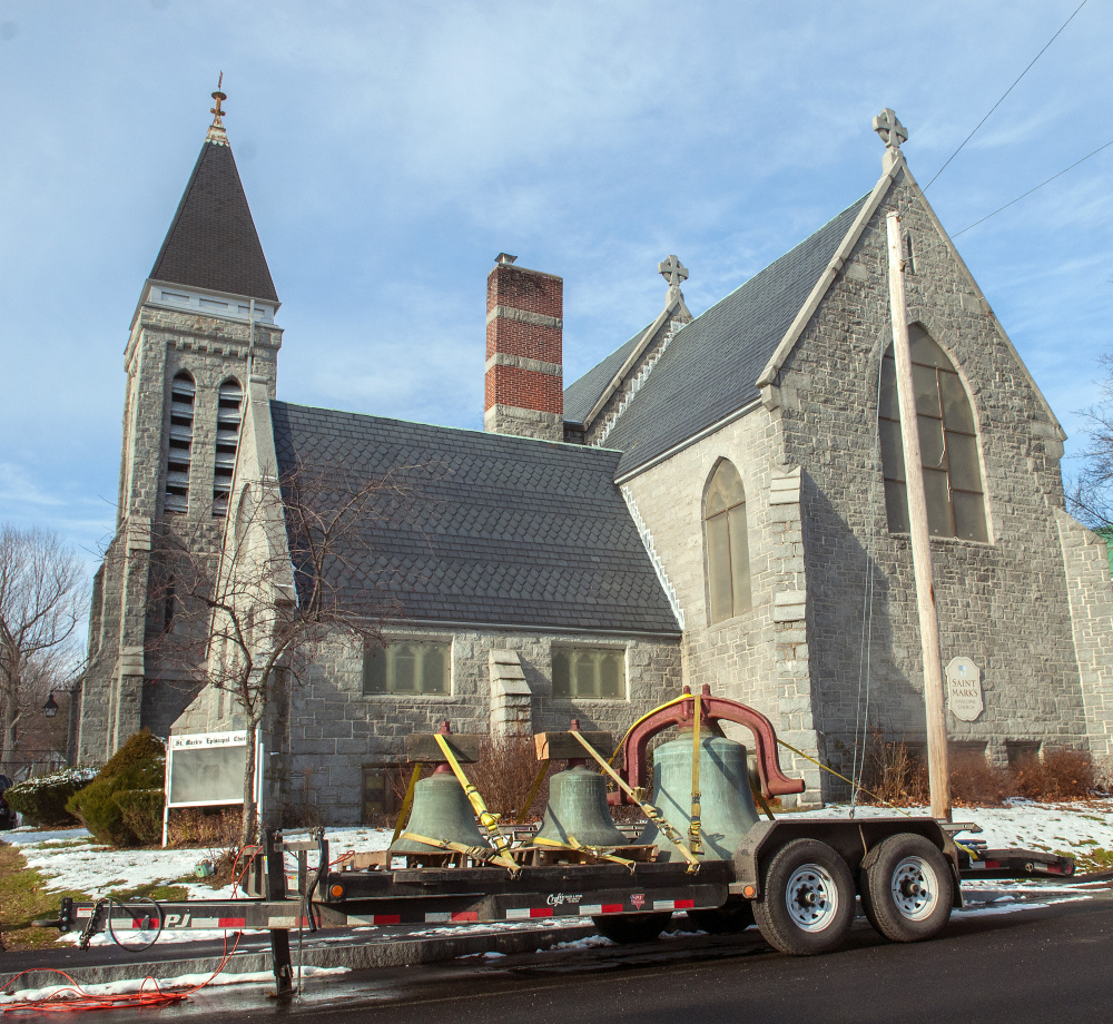 The three largest of the 12 bells removed from St. Mark's Episcopal Church sit on a trailer Thursday in front of the Augusta church.