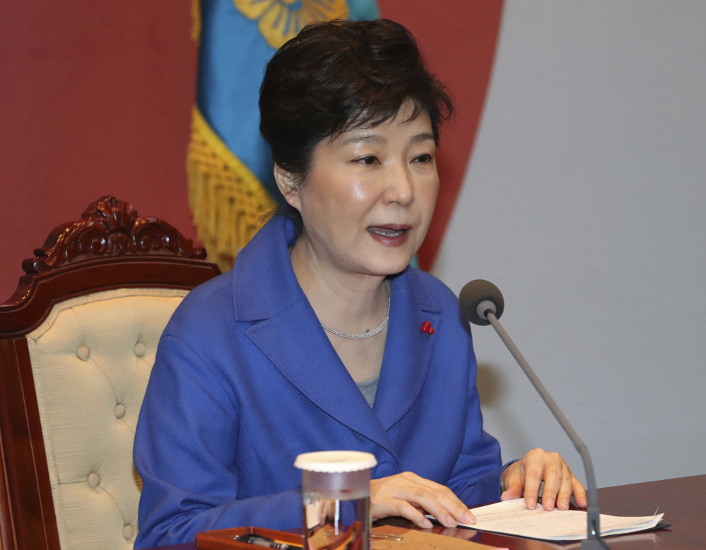 South Korean President Park Geun-hye speaks during an emergency Cabinet meeting at the presidential office in Seoul on Friday after being impeached.
Baek Sung-ryul/Yonhap via AP