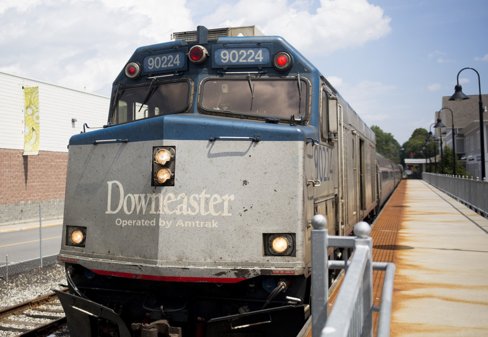 The northbound Amtrak Downeaster sits at the train station in Brunswick. 