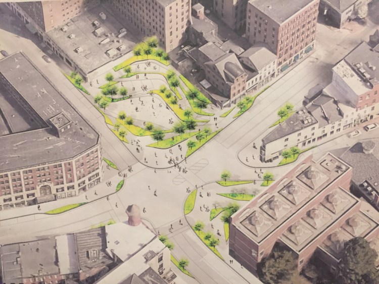 Designers from Philadelphia-based WRT unveiled this conceptual rendering for a new-look Congress Square Park with sloping levels and a performance stage facing traffic.