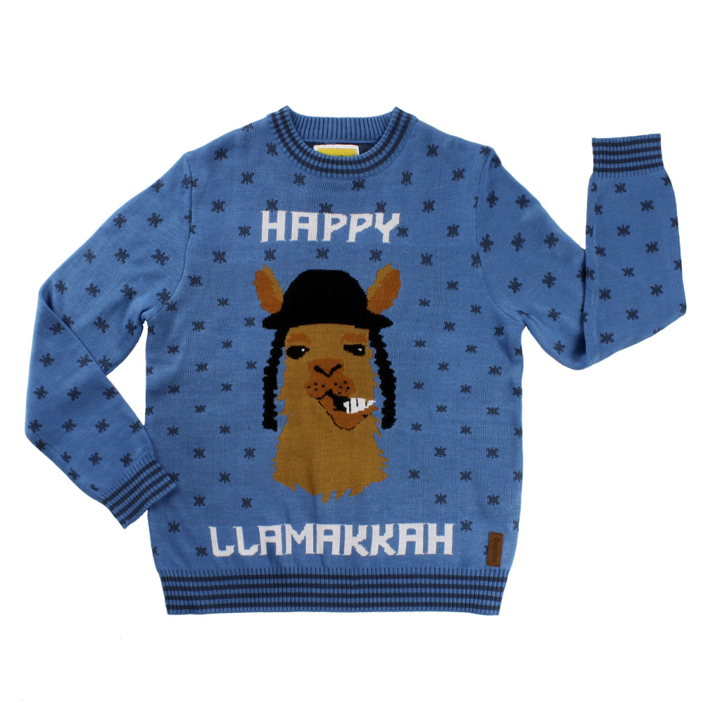This image released by Tipsy Elves shows a holiday-themed sweater featuring a llama. With Christmas and Hanukkah bumping together this year _ Hanukkah begins on Dec. 24 _ llamas have become an oddball theme on ugly sweaters, gift wrap, greeting cards and other items for both holidays. (Tipsy Elves via AP)