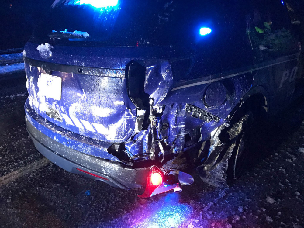 A Yarmouth police cruiser was struck by a Honda minivan early Sunday morning at mile 17 Interstate Route 295. Yarmouth Police Officer Derek Lukas was injured and taken to Maine Medical Center with non-life threatening injuries.