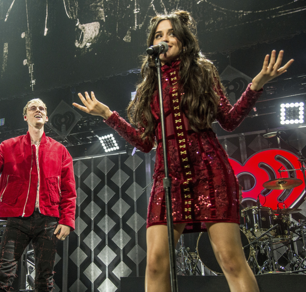 Machine Gun Kelly, left, and Camila Cabello in Sunrise, Fla., on Sunday. The artists collaborated on "Bad Things," which broke the Billboard Top 10.
