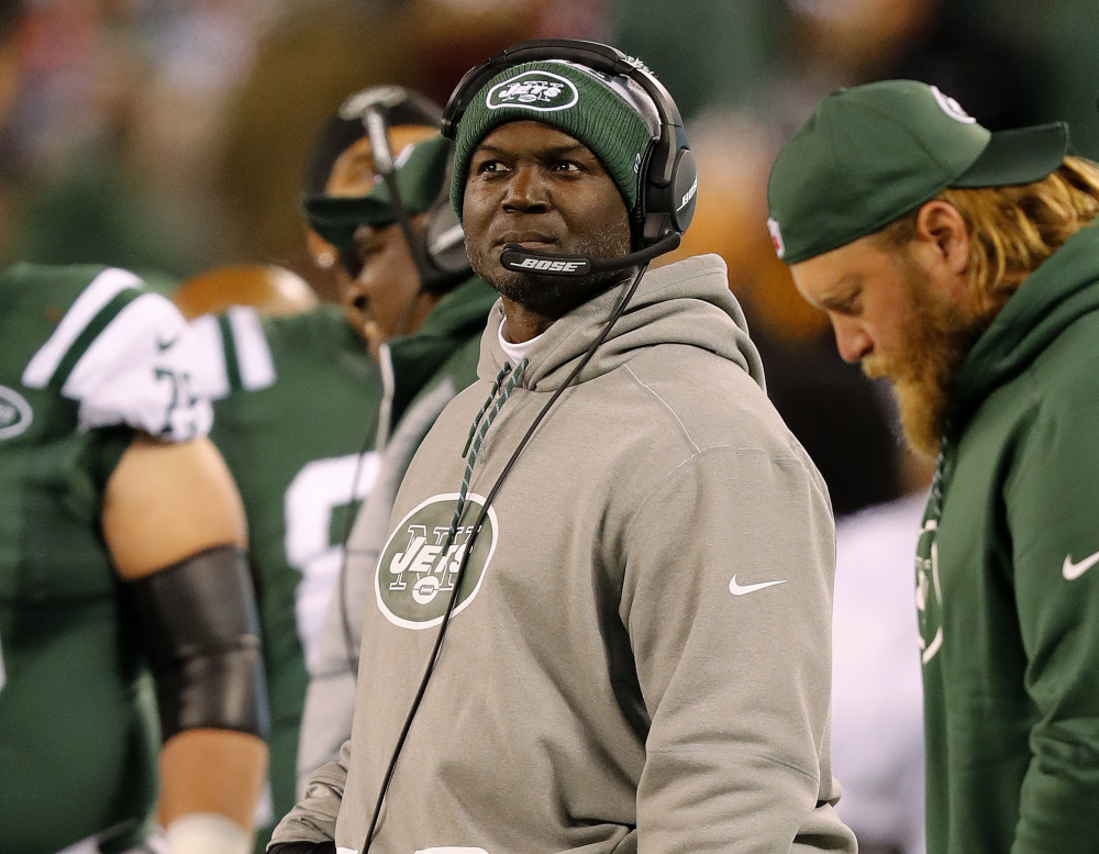 New York Jets Coach Todd Bowles looks on during a his team's 22-17 loss to the Patriots at East Rutherford, N.J., on Nov. 27. Bowles may miss the rematch in New England on Saturday after he was hospitalized with an illness on Friday.